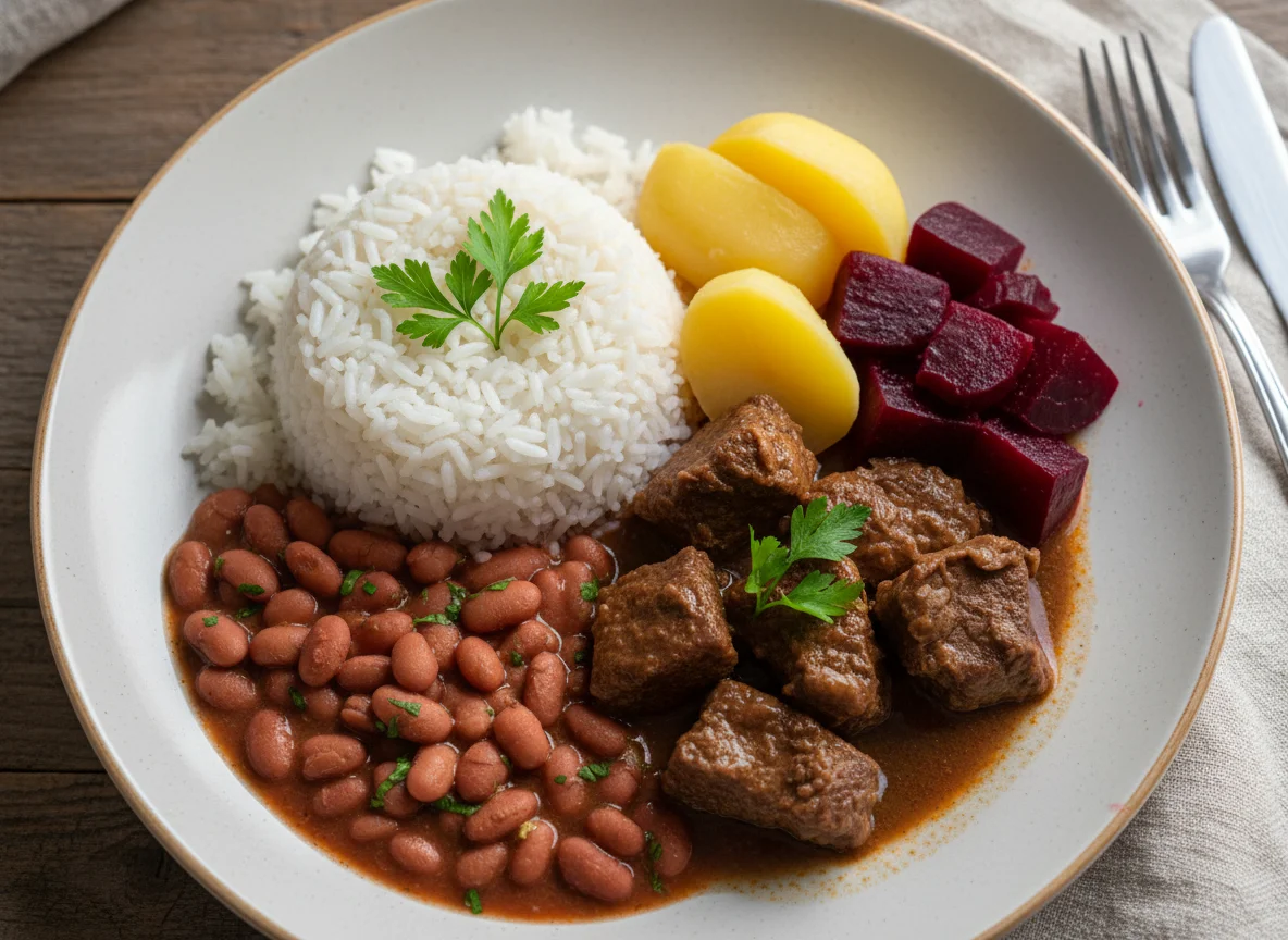 Prato feito com carne de panela, batata, arroz, feijão e beterraba photo