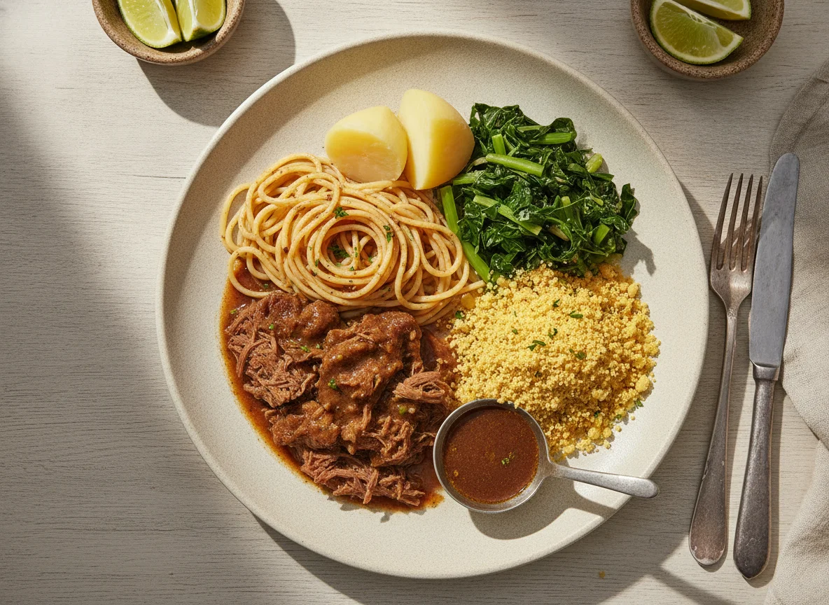 Prato feito com carne de panela, espaguete e farofa photo