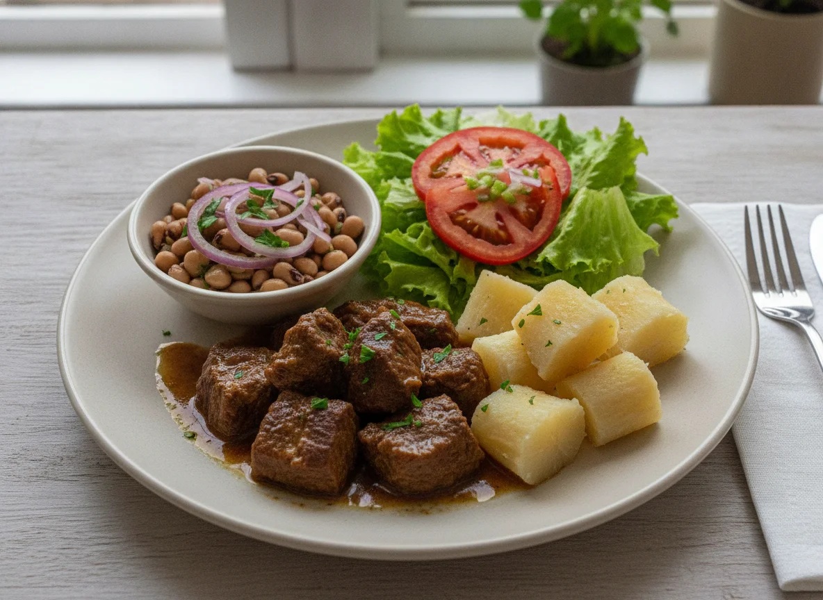Prato Feito com Carne de Panela, Mandioca e Salada photo