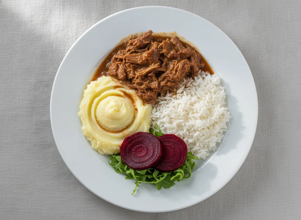 Prato Feito com Carne de Panela, Purê de Batata, Arroz, Beterraba e Rúcula photo