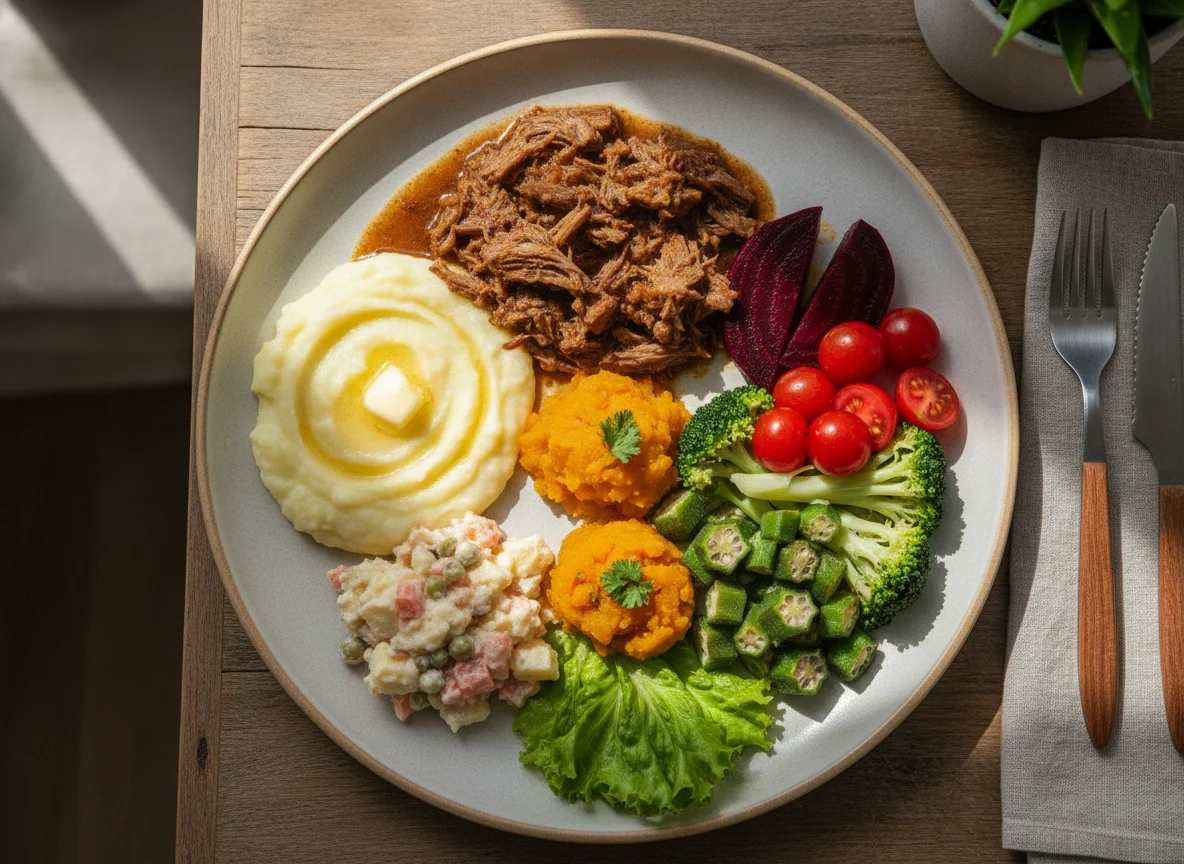 Prato Feito com Carne de Panela, Purê e Salada photo