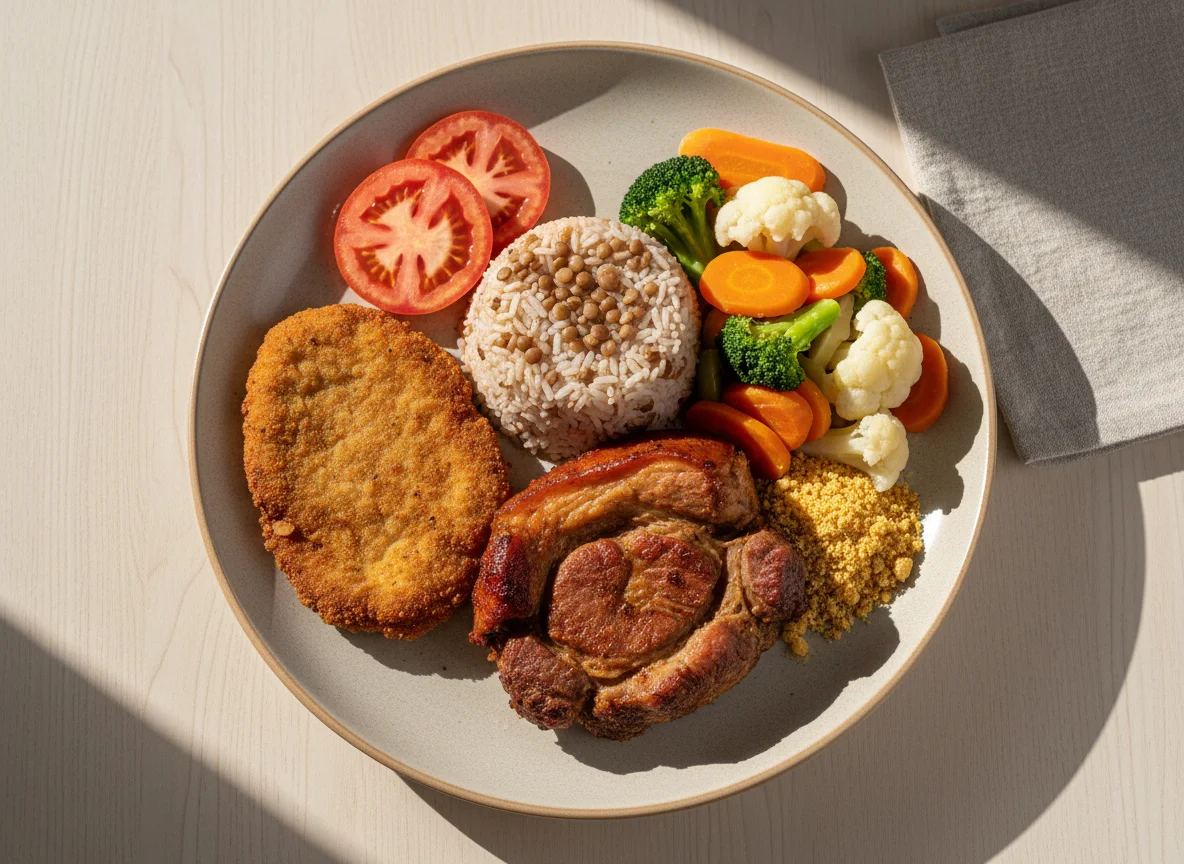 Prato feito com carne de porco, arroz com lentilha e vegetais photo