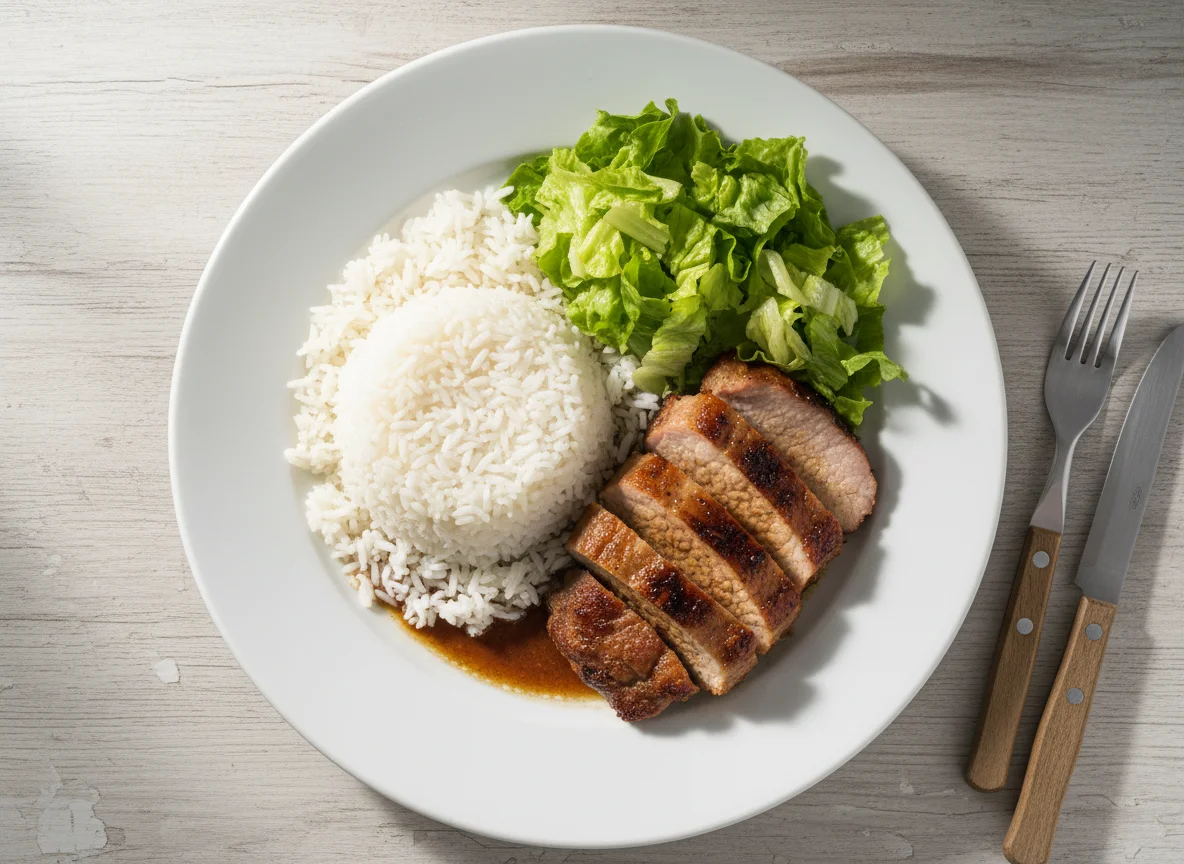 Prato feito com carne de porco, arroz e alface photo