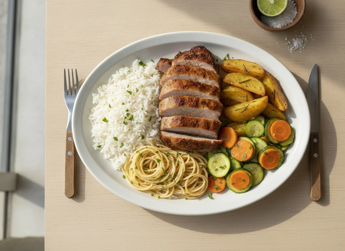 Prato feito com carne de porco, arroz e legumes photo