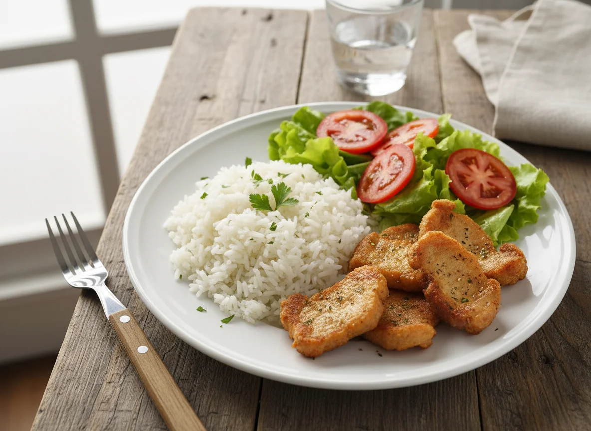 Prato feito com carne de porco, arroz e salada photo