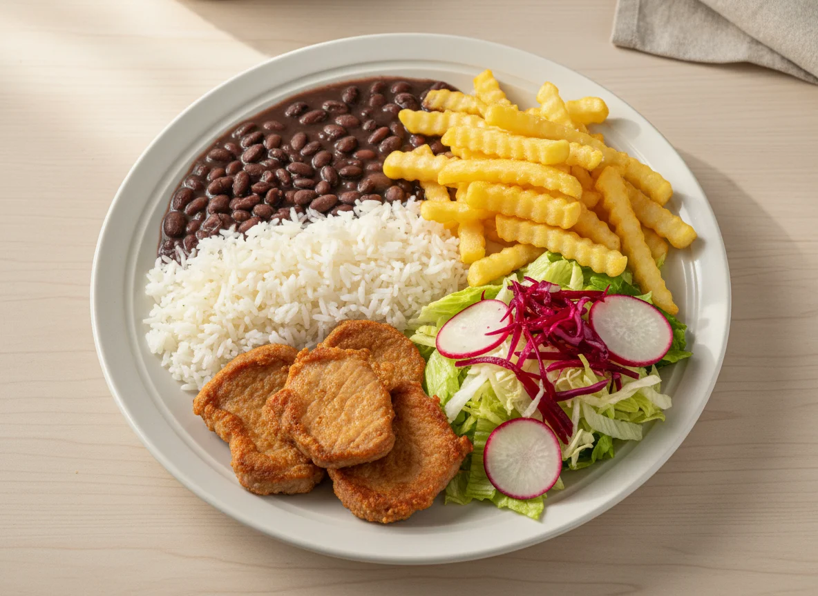 Prato feito com carne de porco, arroz, feijão, batata frita e salada photo