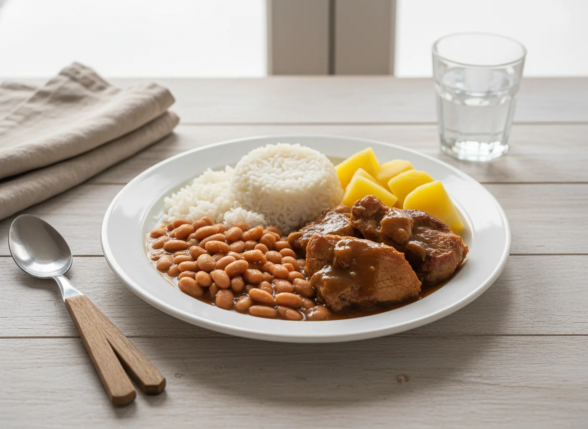 Prato feito com carne de porco, arroz, feijão e batata photo
