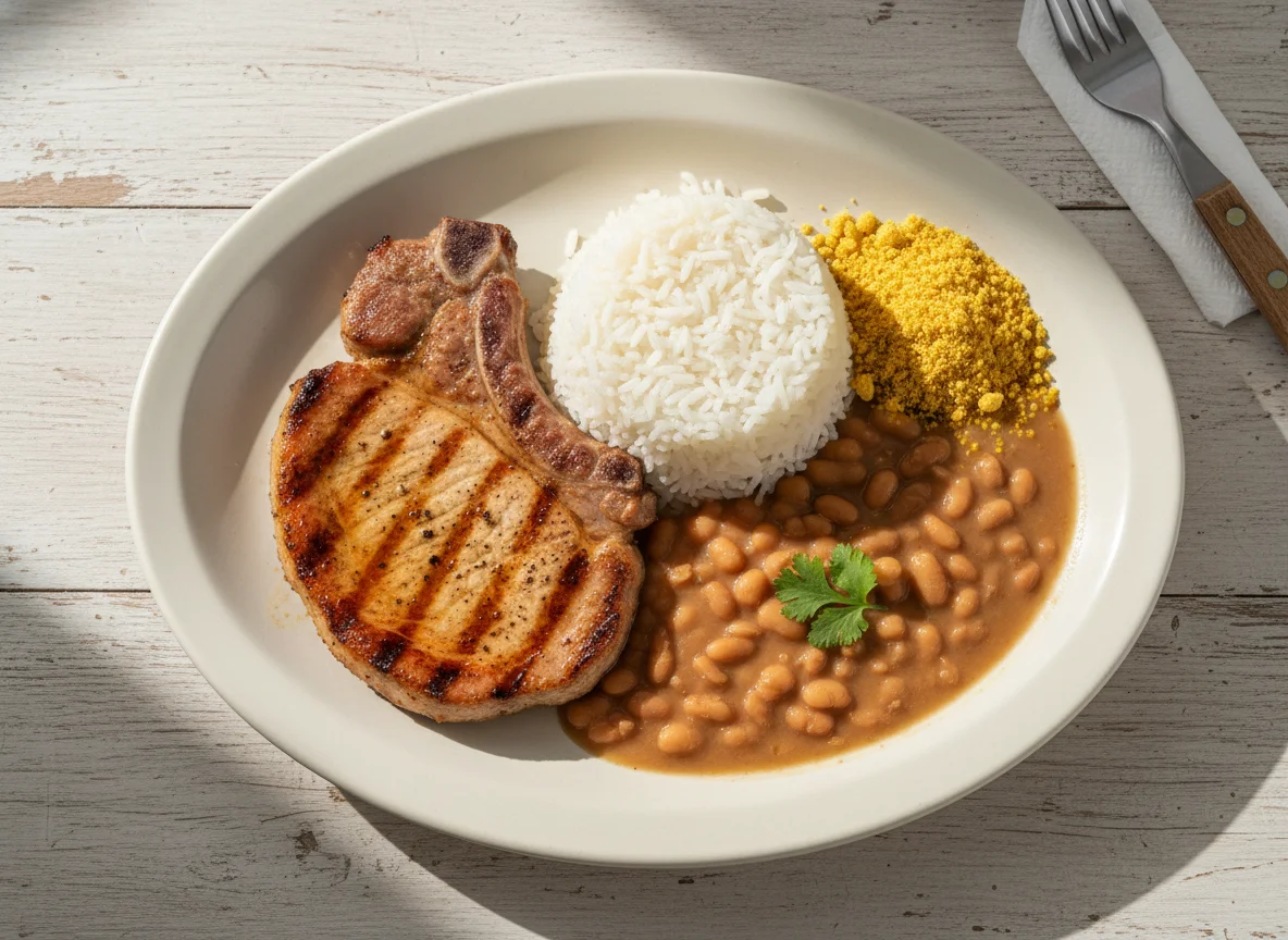 Prato feito com carne de porco, arroz, feijão e farofa photo