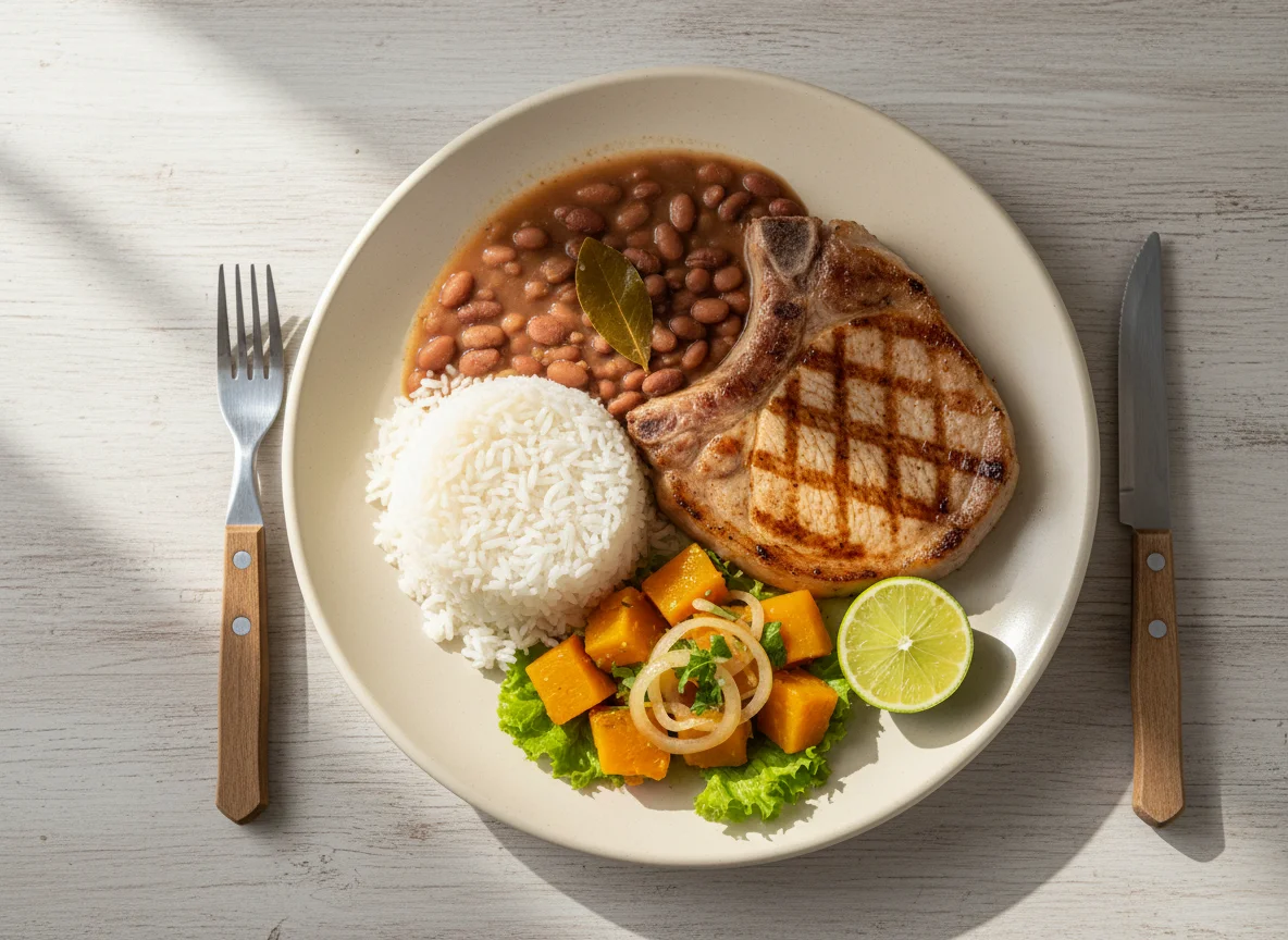 Prato feito com carne de porco, arroz, feijão e legumes photo