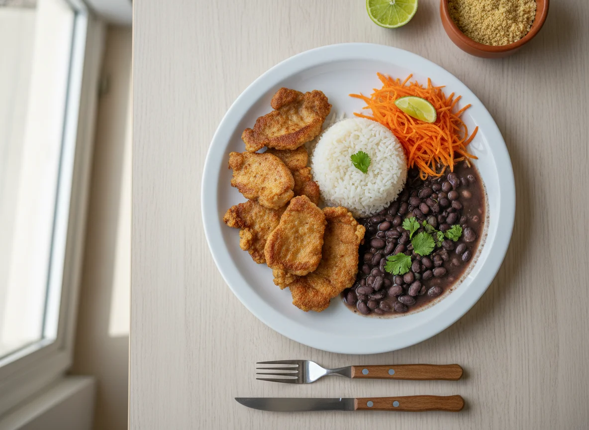 Prato feito com carne de porco, arroz, feijão e salada de cenoura photo