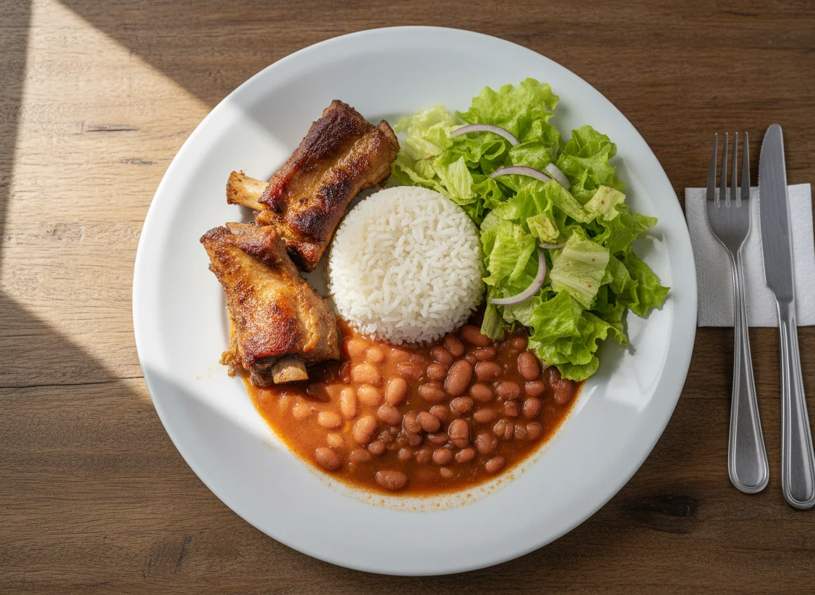 Prato feito com carne de porco, arroz, feijão e salada photo