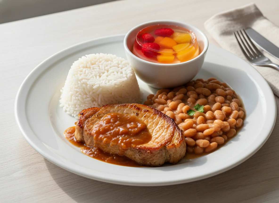 Prato feito com carne de porco, arroz, feijão e sobremesa photo