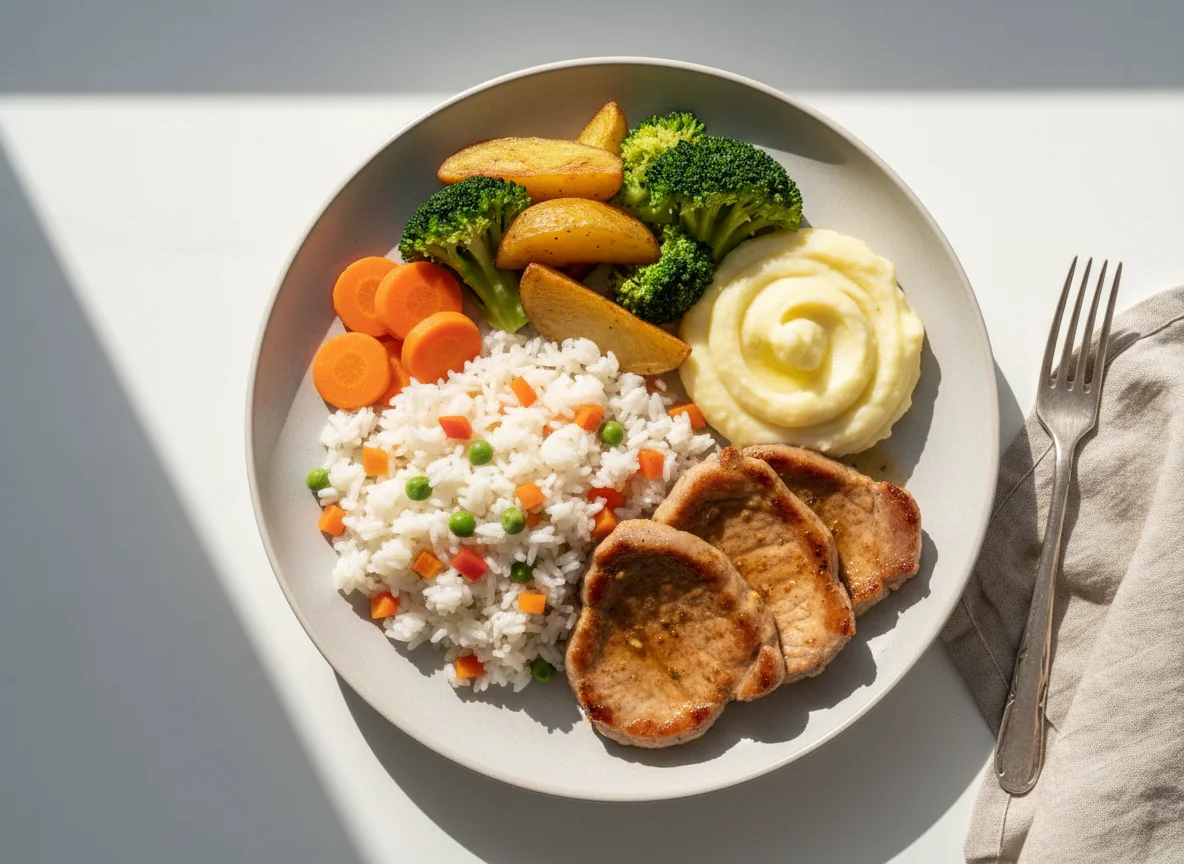 Prato feito com carne de porco, arroz, purê de batata e vegetais photo
