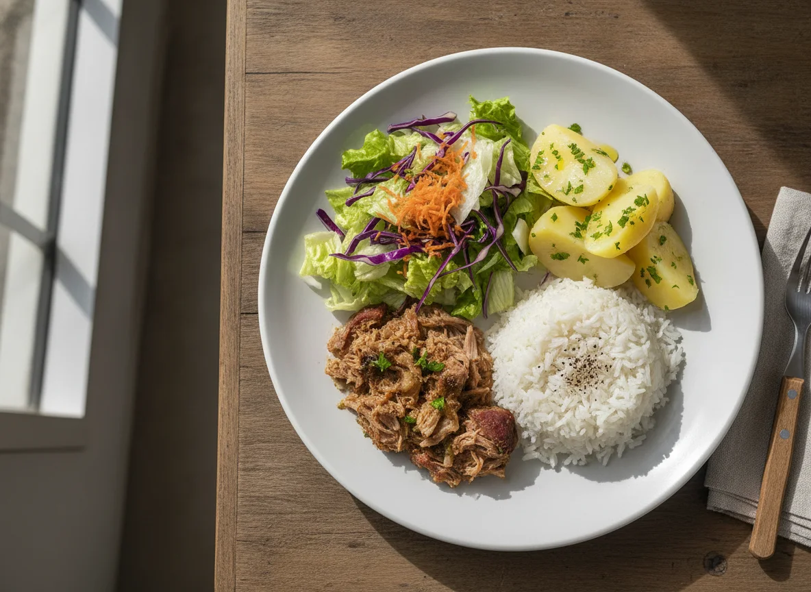 Prato feito com carne de porco, batatas, arroz e salada photo