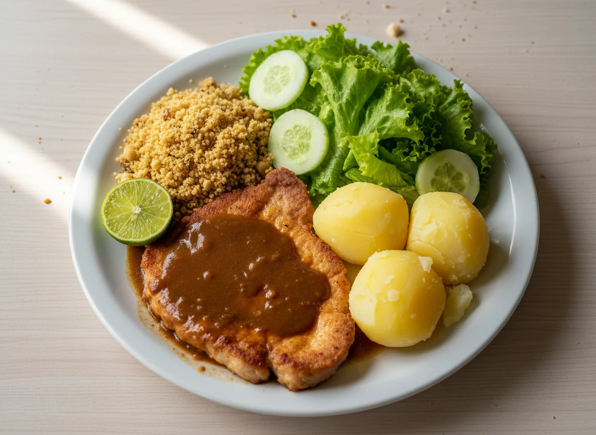 Prato feito com carne de porco, batatas e salada photo