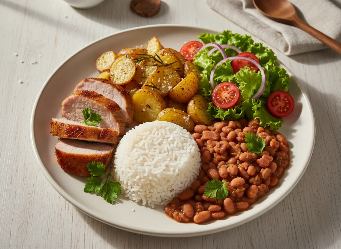 Prato feito com carne de porco, batatas rústicas, arroz, feijão e salada photo