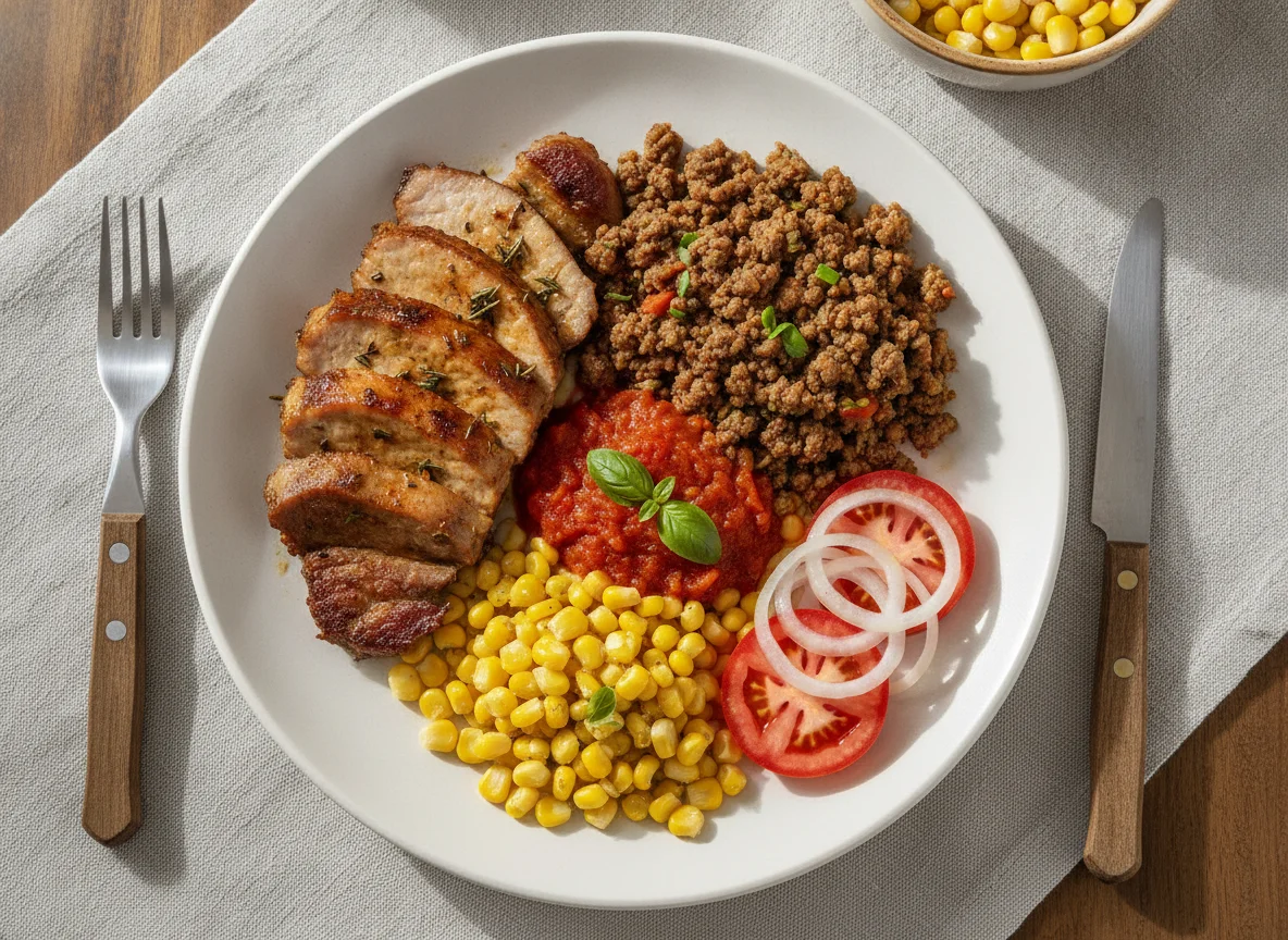 Prato Feito com Carne de Porco, Carne Moída e Milho photo