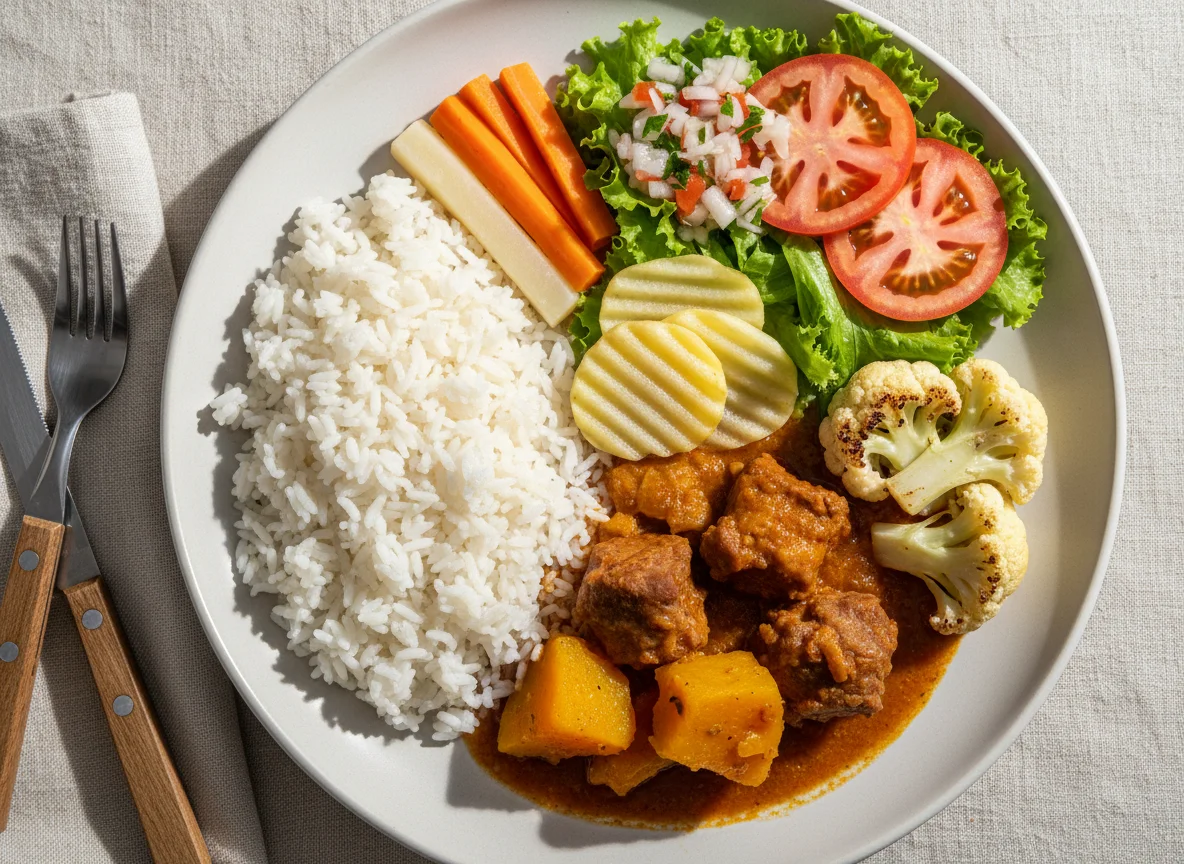 Prato feito com carne de porco e legumes photo