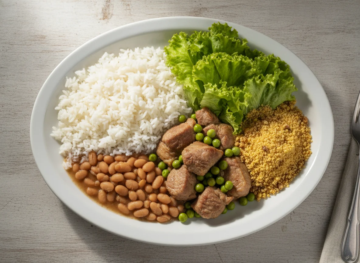 Prato Feito com Carne de Porco, Ervilha, Arroz, Feijão, Alface e Farofa photo