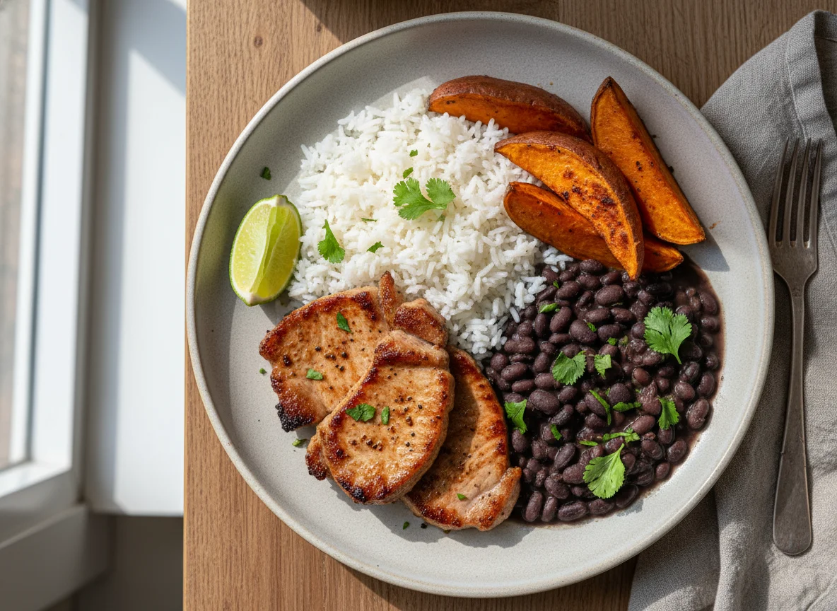 Prato feito com carne de porco, feijão, arroz e batata doce photo