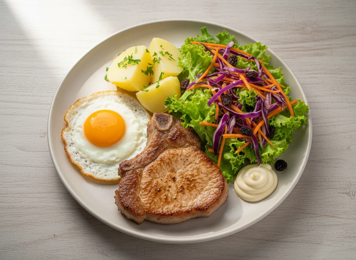 Prato feito com carne de porco, ovo, batatas e salada photo