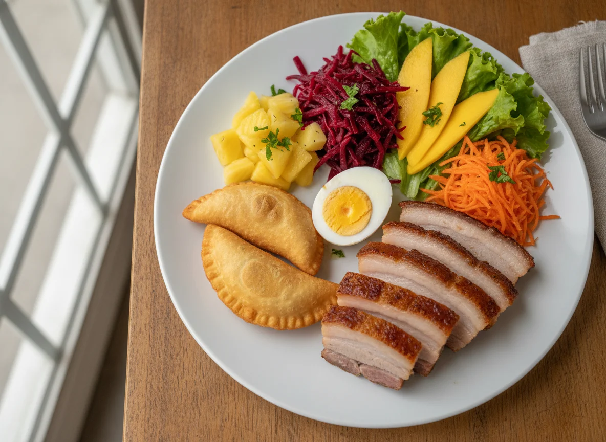 Prato feito com carne de porco, pastéis e salada photo