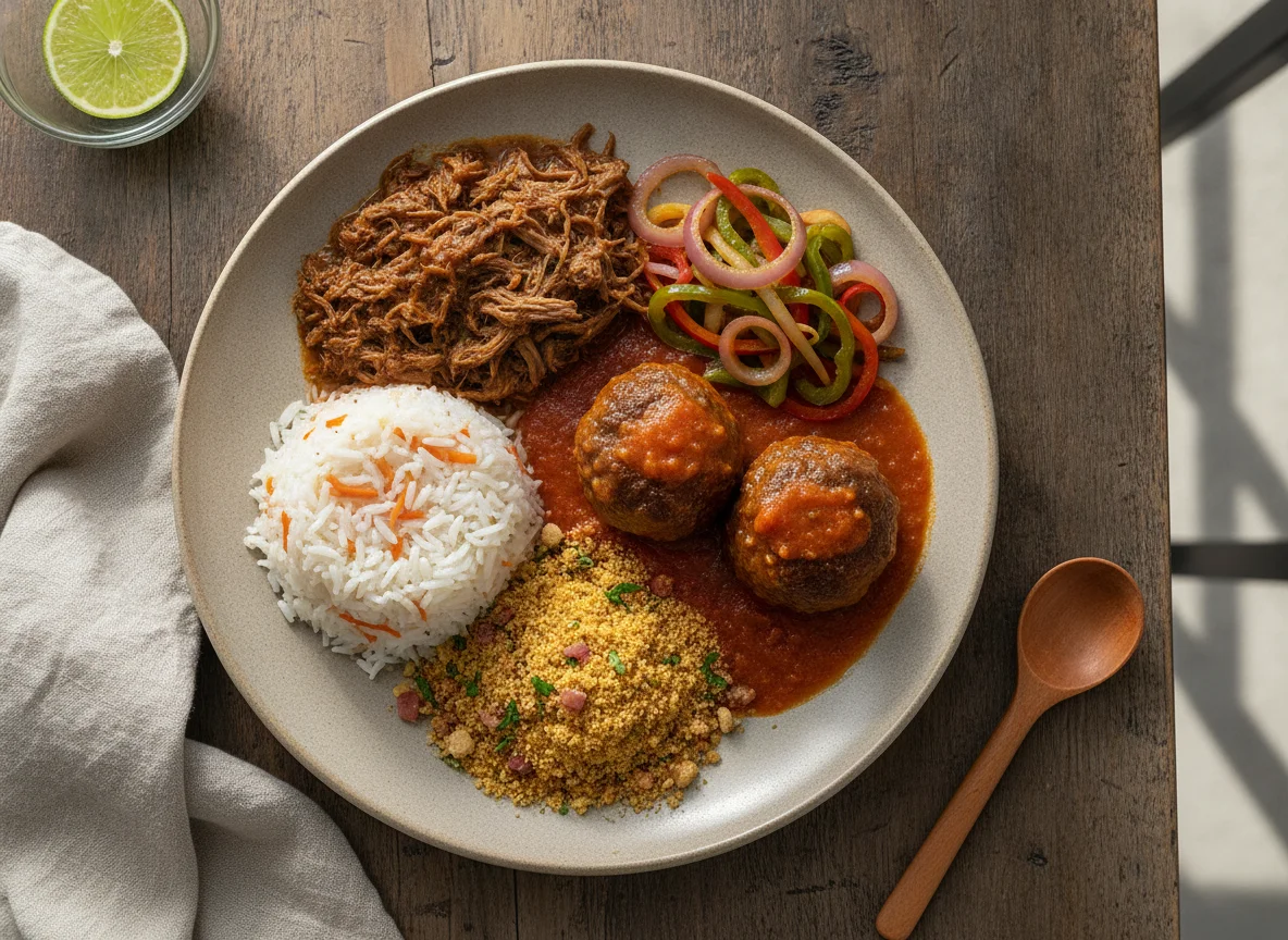 Prato Feito com Carne Desfiada, Almôndegas e Farofa photo