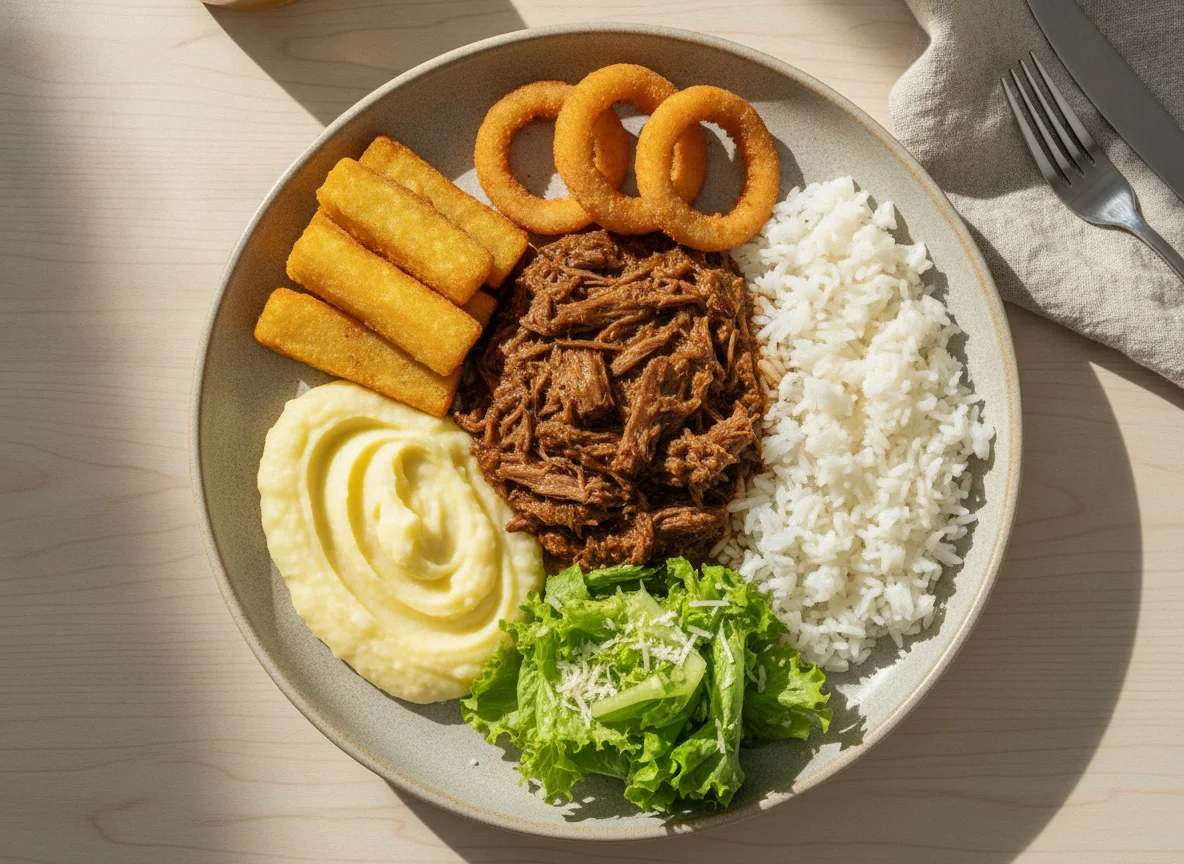 Prato Feito com Carne Desfiada, Arroz e Acompanhamentos photo