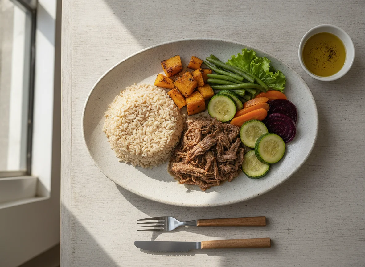 Prato feito com carne desfiada, arroz integral e legumes photo