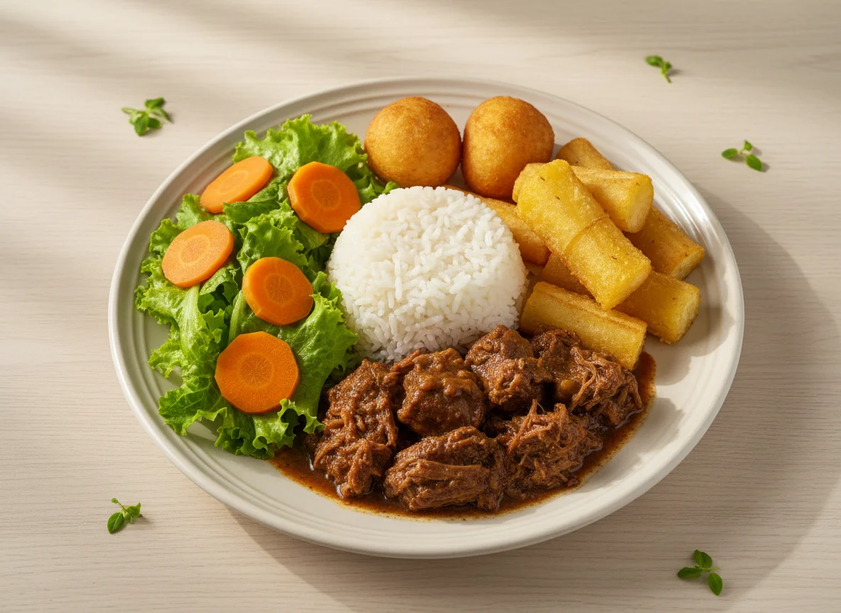 Prato feito com carne desfiada, arroz, mandioca frita e salada photo