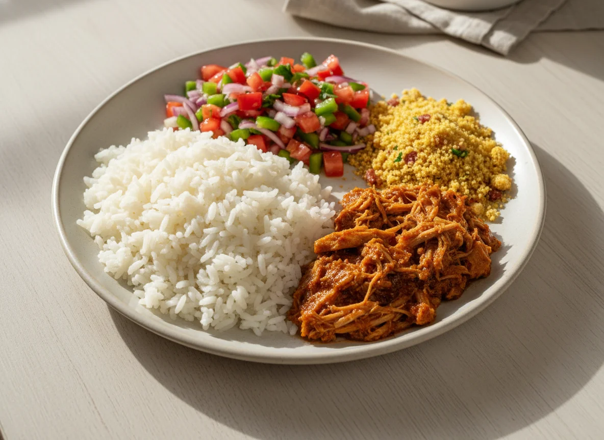 Prato feito com carne desfiada, arroz, vinagrete e farofa photo