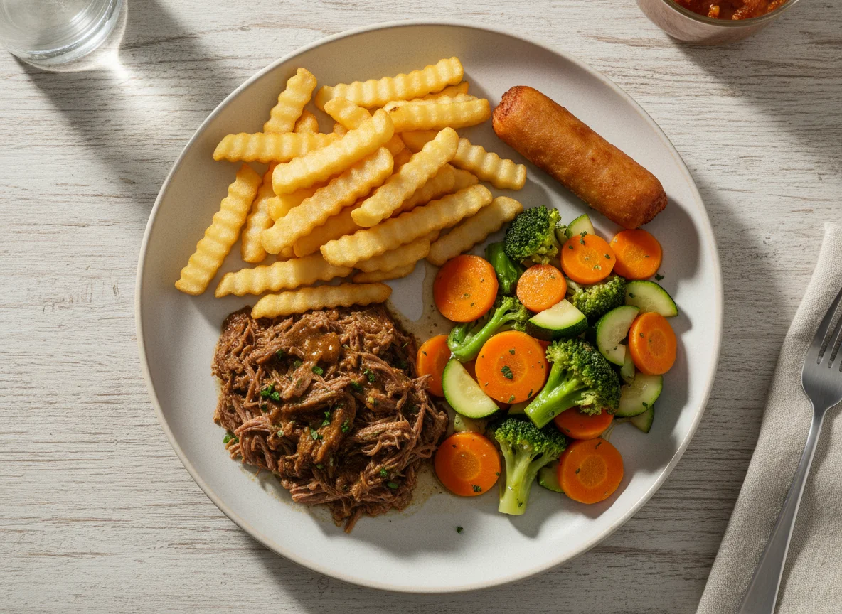 Prato feito com carne desfiada, batata frita e legumes photo