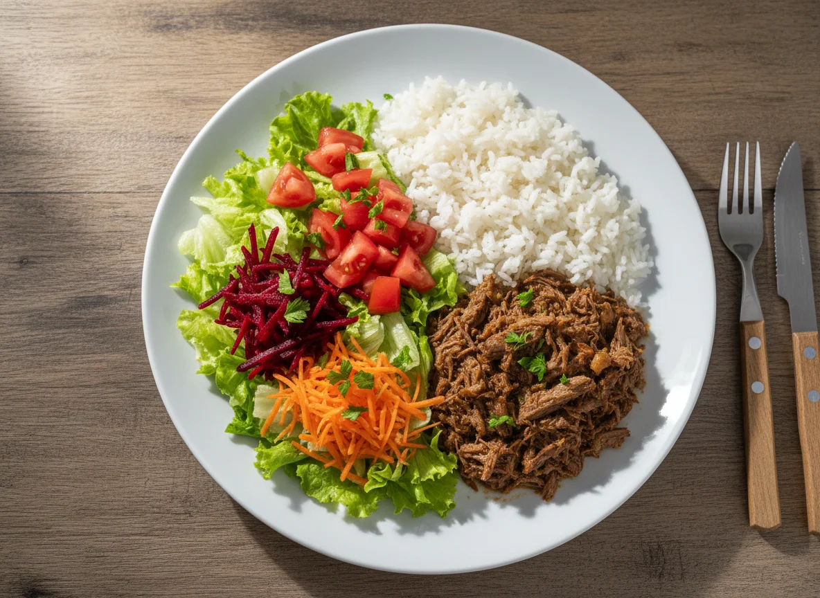 Prato feito com carne desfiada e salada photo