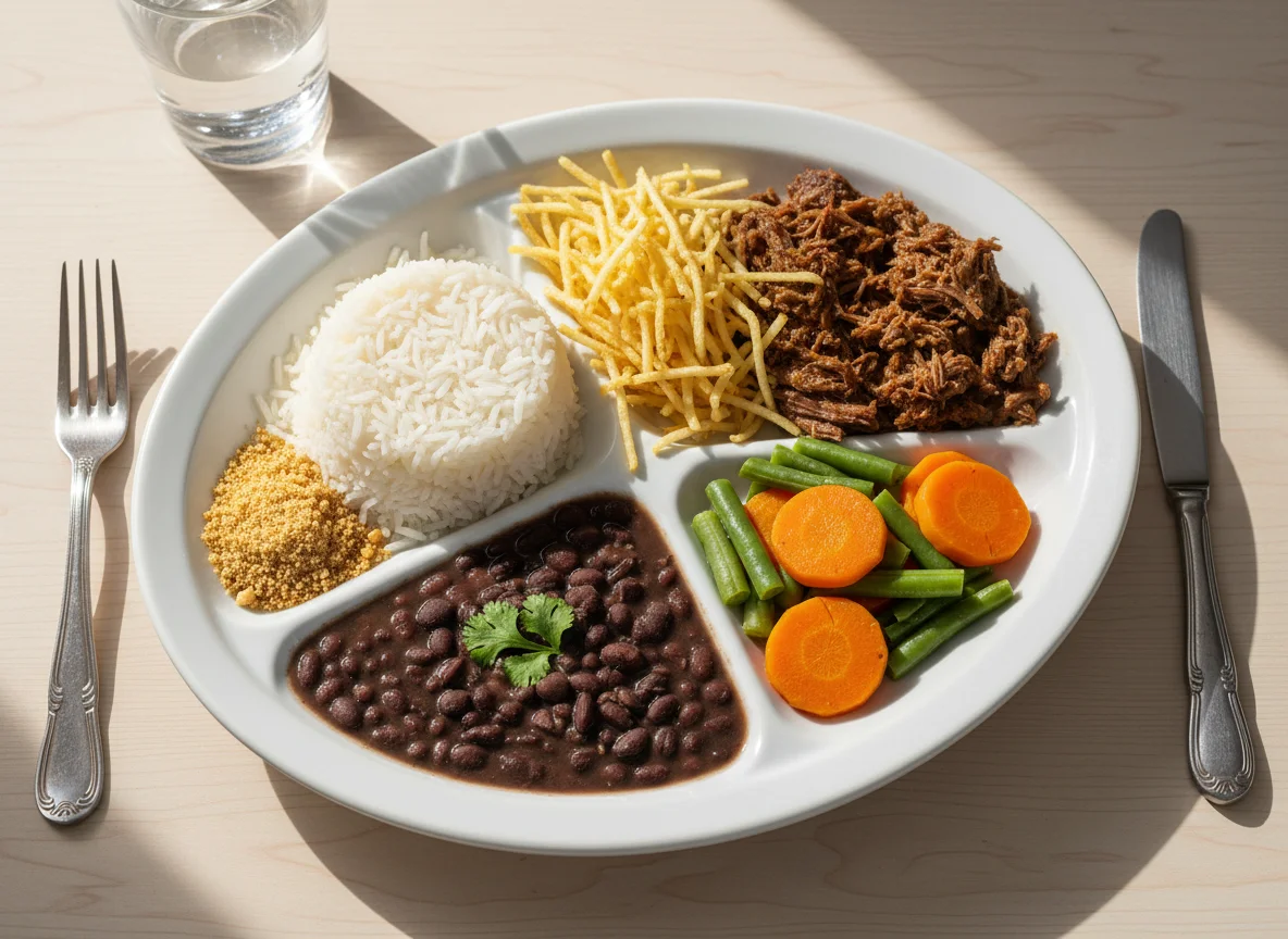 Prato feito com carne desfiada, feijão, arroz e legumes photo