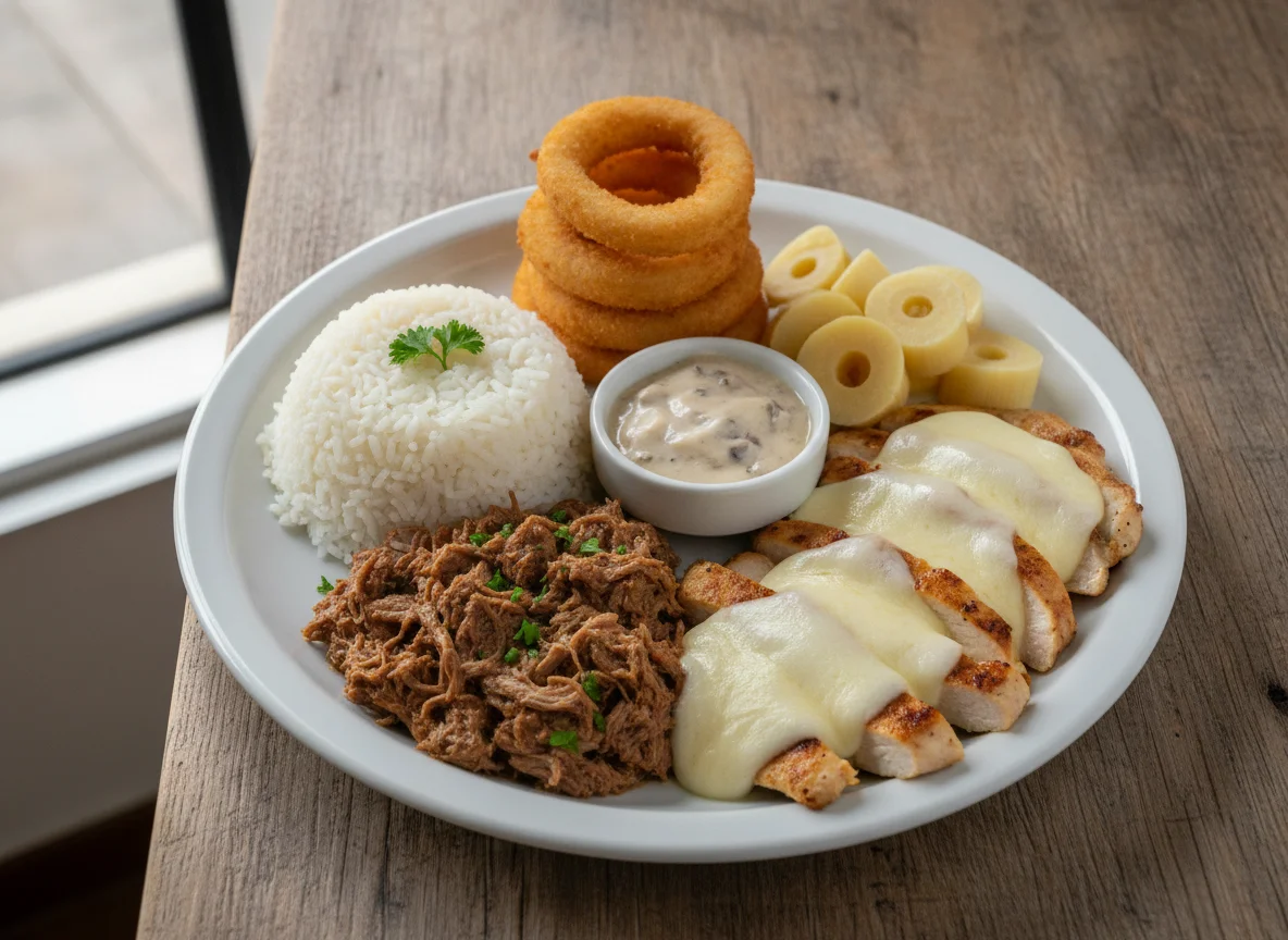 Prato feito com carne desfiada, frango com queijo, arroz e anéis de cebola photo