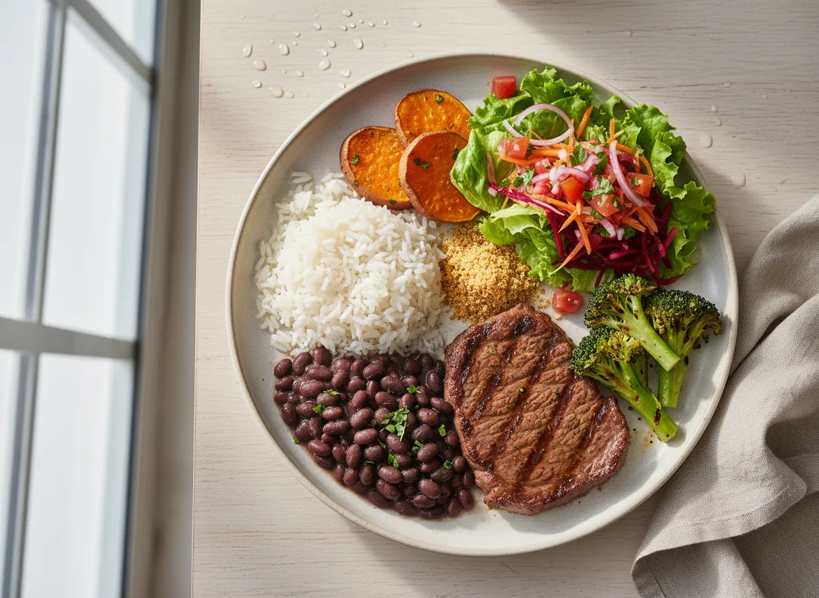 Prato feito com carne e acompanhamentos photo