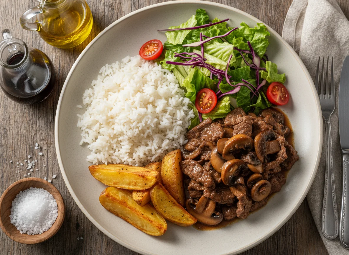 Prato feito com carne e cogumelos photo