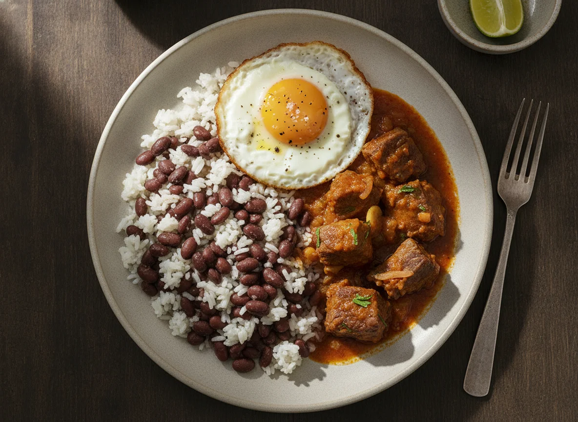 Prato feito com carne ensopada, arroz com feijão e ovo frito photo