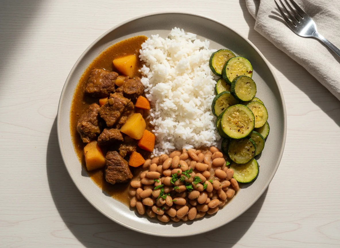 Prato feito com carne ensopada, arroz, feijão e abobrinha photo
