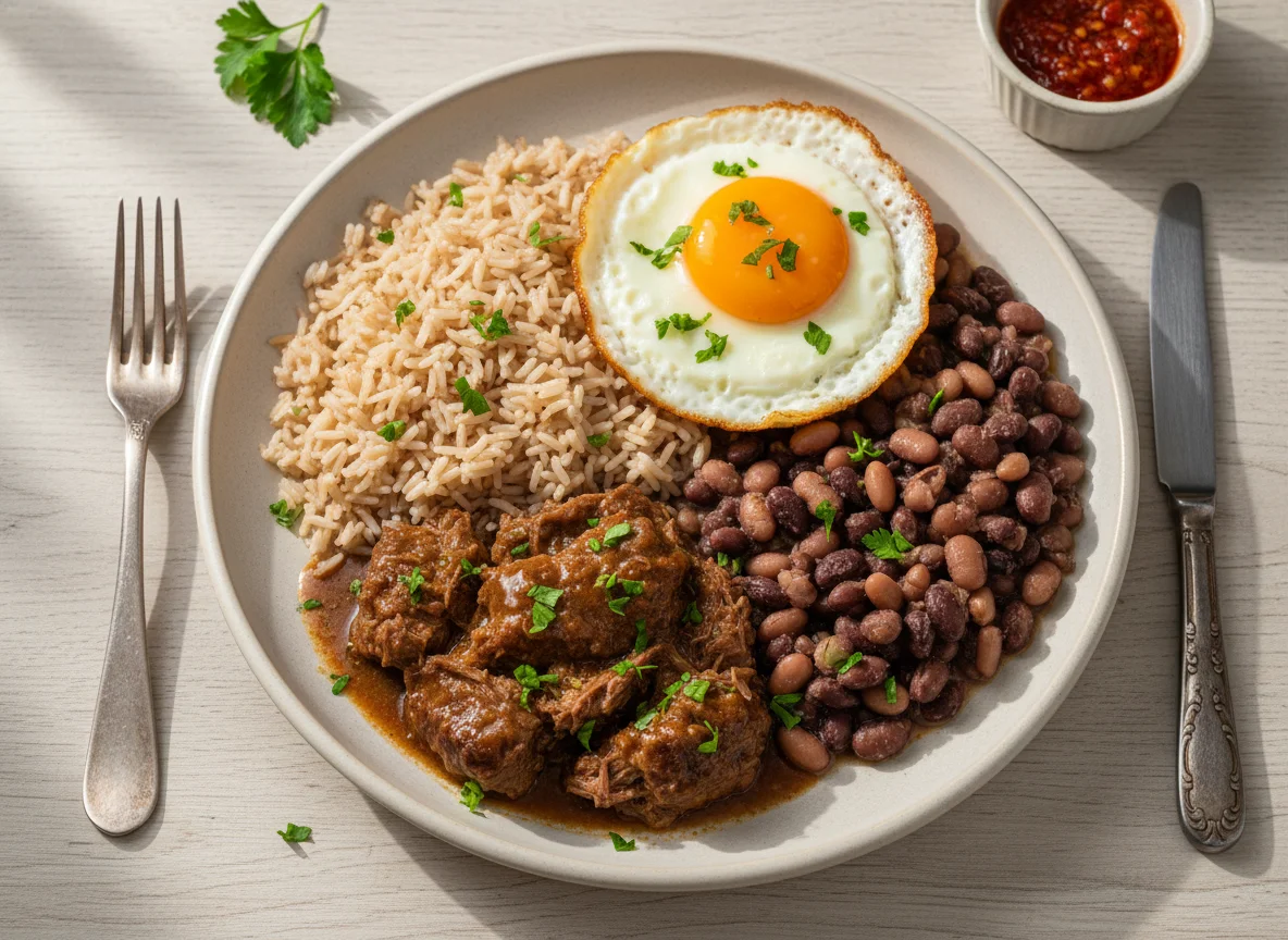 Prato feito com carne ensopada, arroz integral, feijão e ovo frito photo