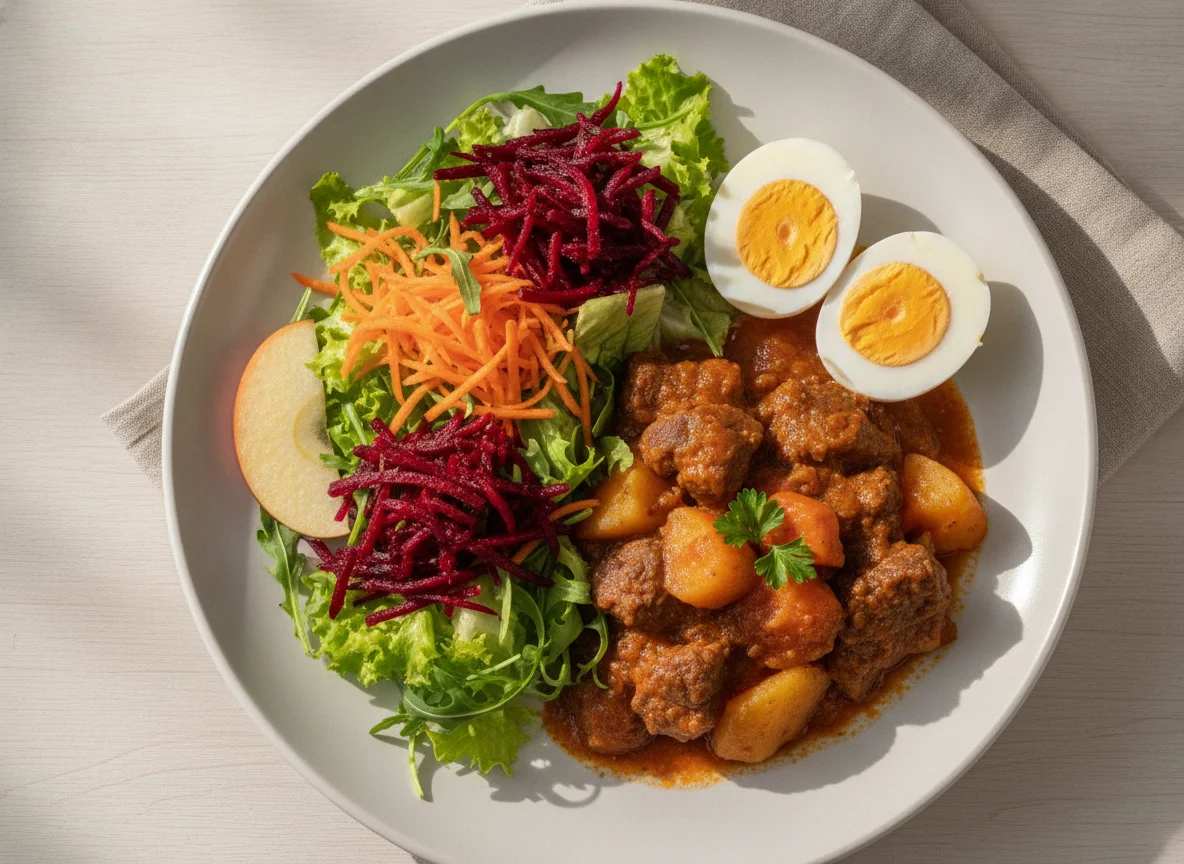 Prato feito com carne ensopada, ovo e salada variada photo