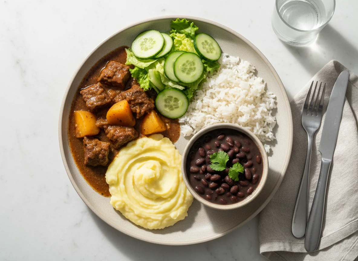 Prato feito com carne ensopada, purê, arroz, feijão e salada photo
