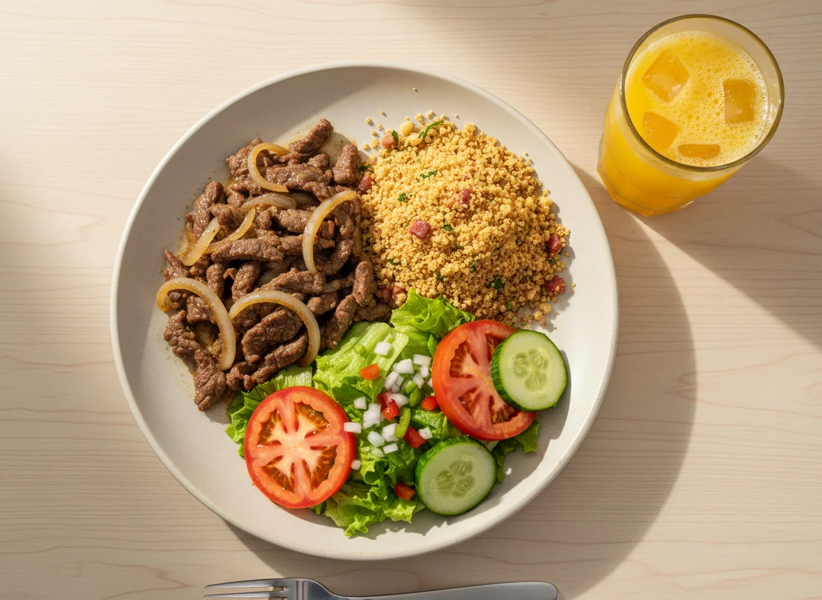 Prato feito com carne, farofa, salada e suco photo