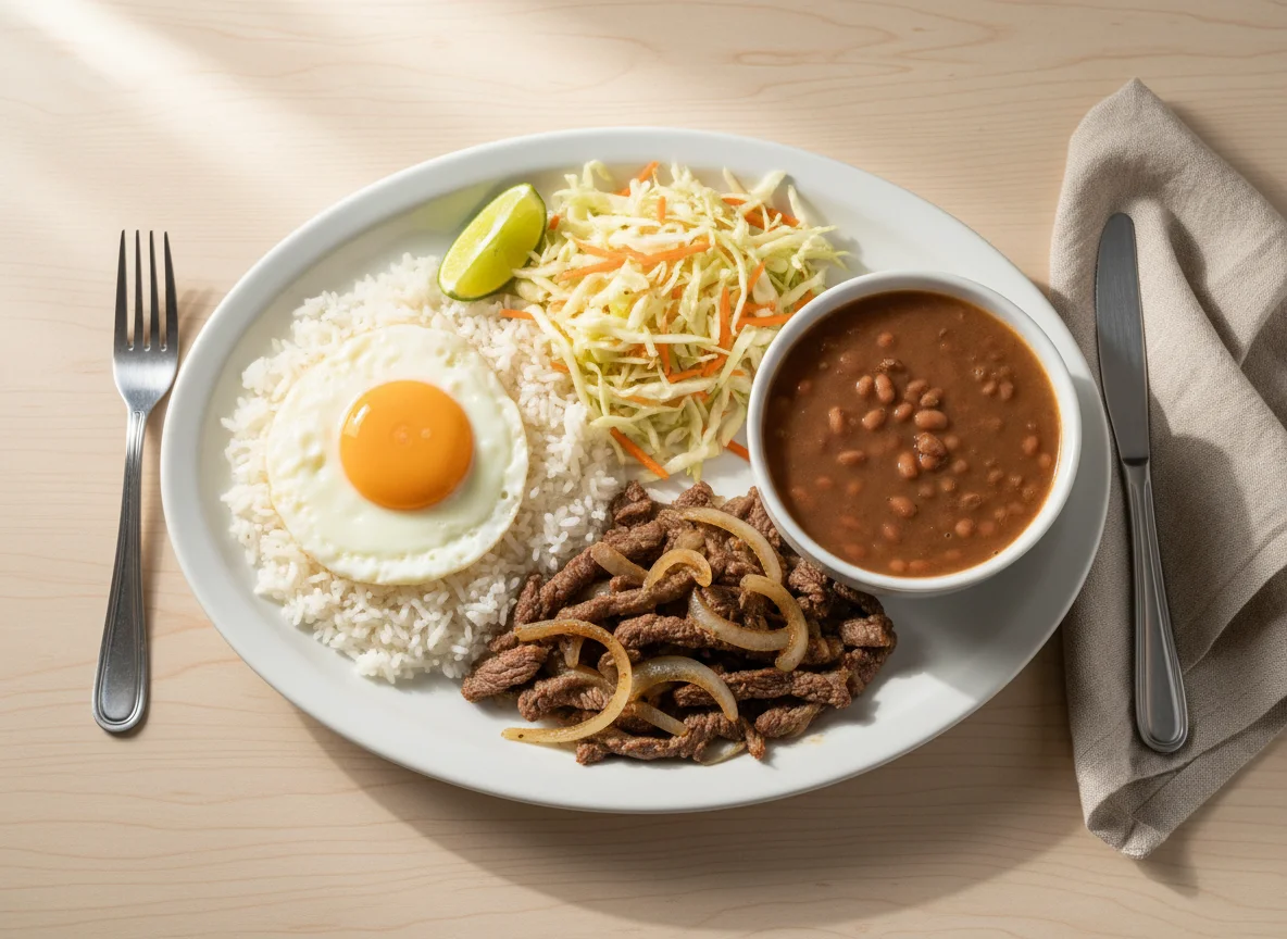 Prato feito com carne, feijão, arroz, salada e ovo photo