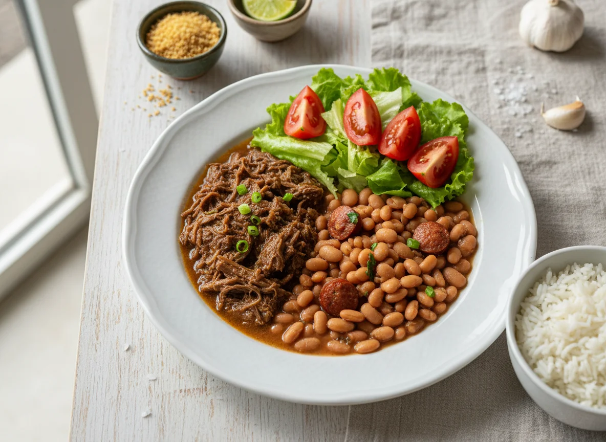 Prato feito com carne, feijão e salada photo