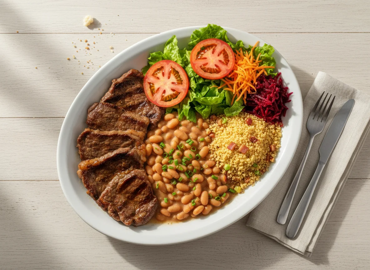 Prato feito com carne, feijão, farofa e salada photo