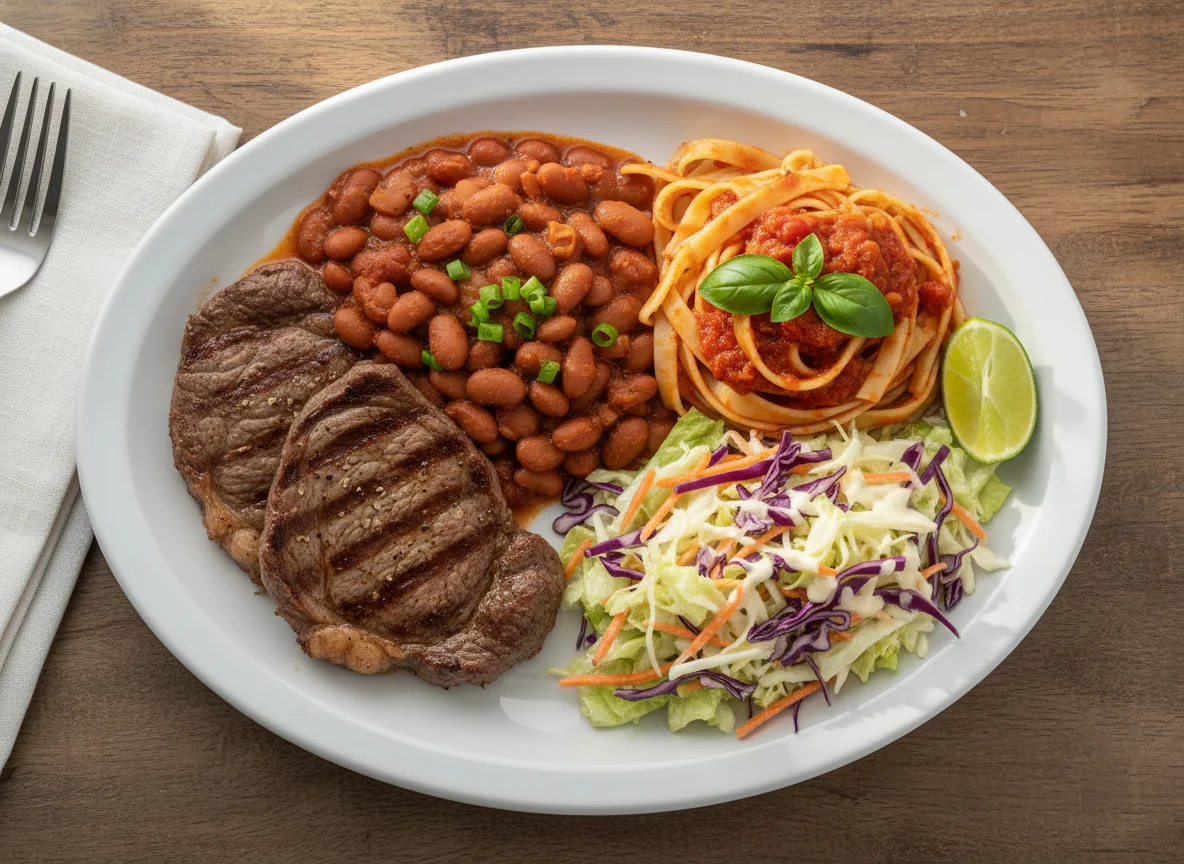 Prato Feito com Carne, Feijão, Massa e Salada photo
