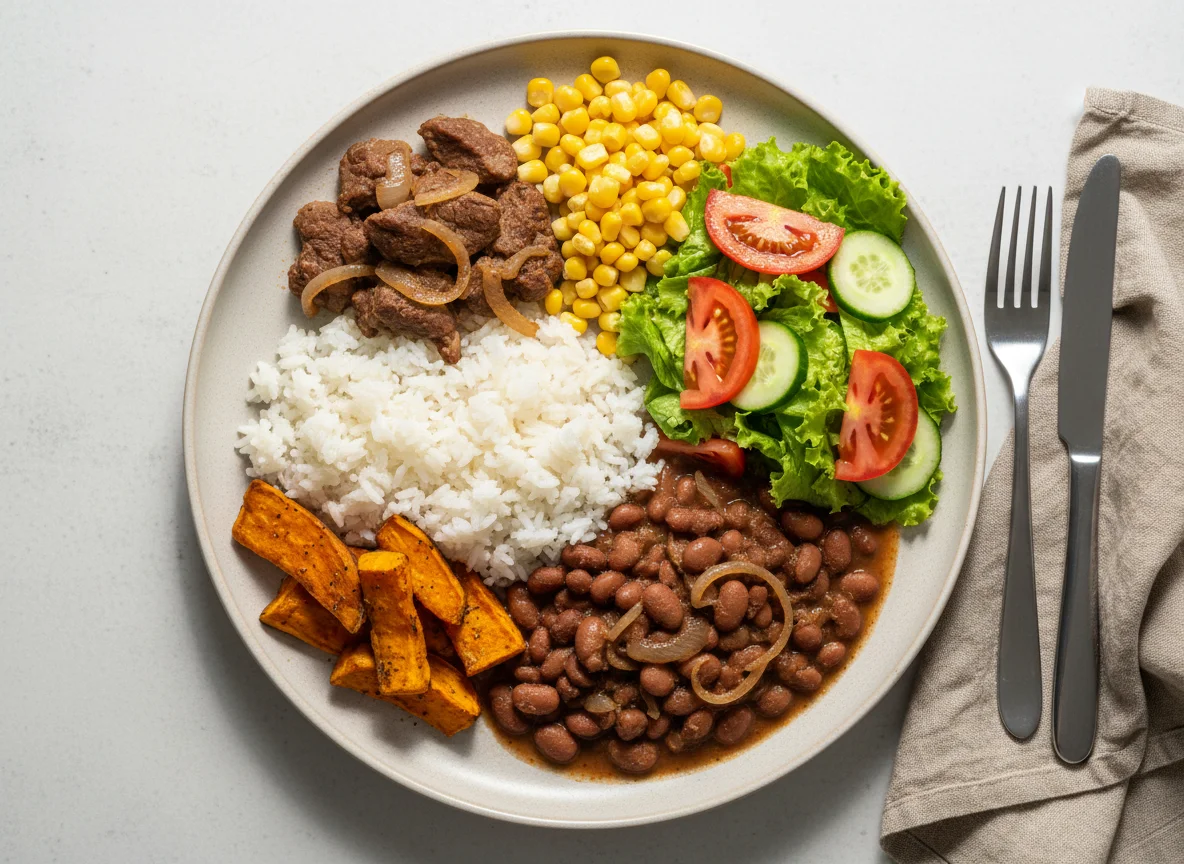 Prato feito com carne, feijão, milho e salada photo
