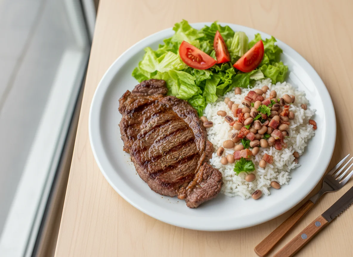 Prato feito com carne, feijão-fradinho e salada photo
