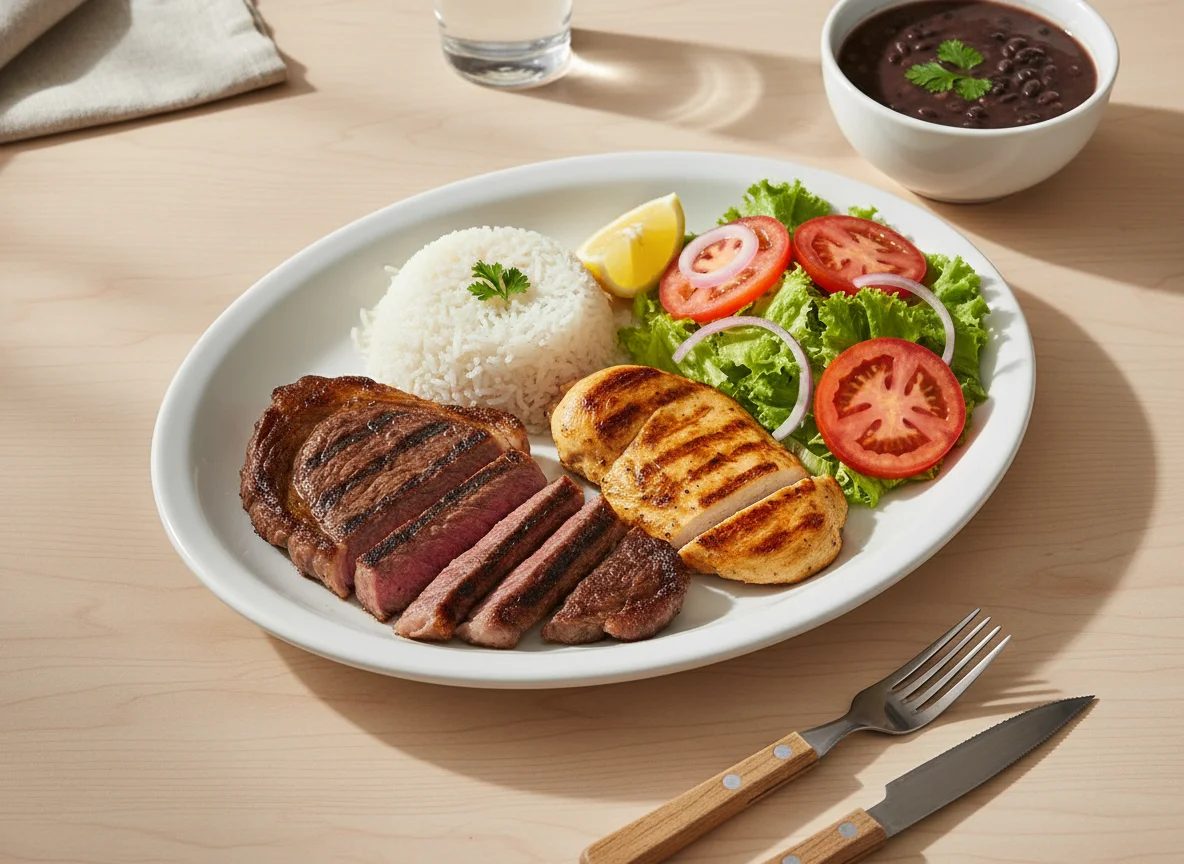 Prato feito com carne, frango, arroz e salada photo